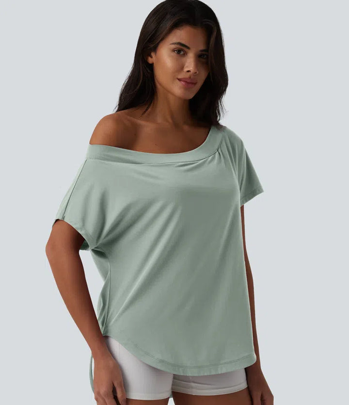 One Shoulder Short Sleeve Curved Hem High Low Quick Dry Yoga Sports Top-Built-in Bra