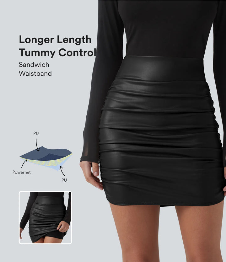 High Waisted Tummy Control Ruched Curved Hem 2-in-1 Fleece PU Mini Bodycon Party Skirt-Longer Length