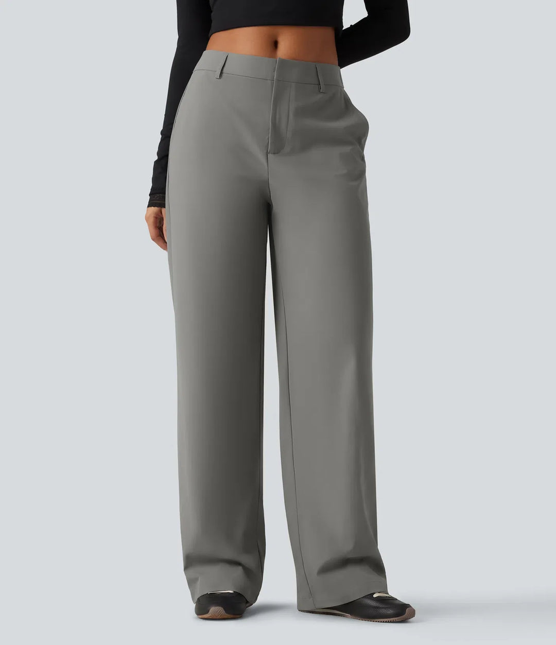 Wrinkle Recovery Mid Rise Straight Leg Work Trousers with Pockets