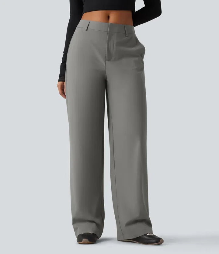 Wrinkle Recovery Mid Rise Straight Leg Work Trousers with Pockets