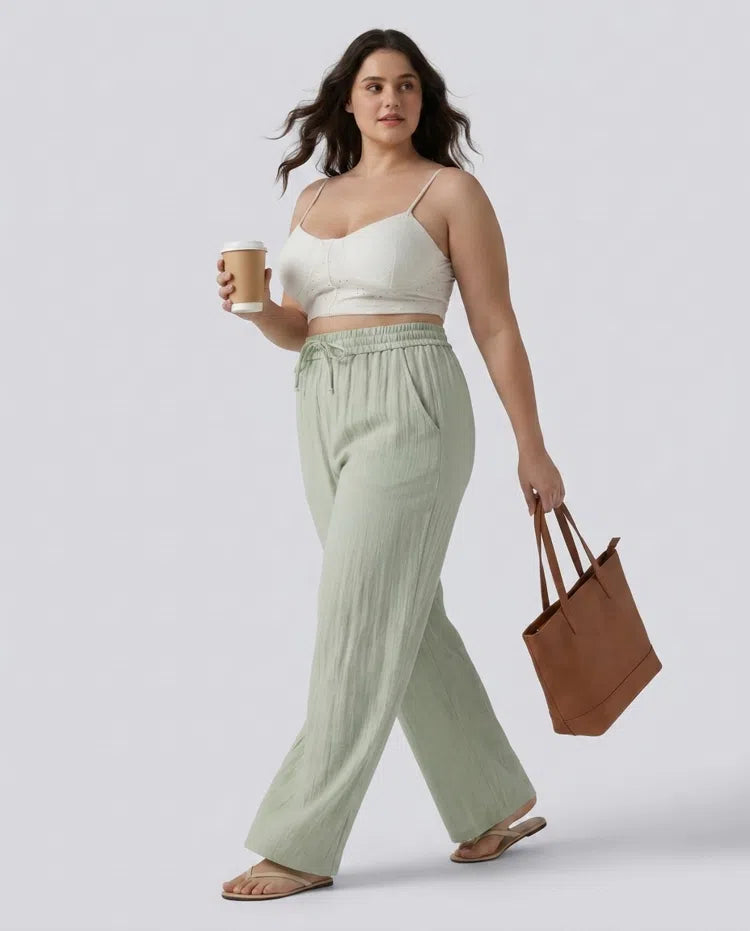High Waisted Drawstring Linen-Feel Wide Leg Casual Plus Size Trousers with Pockets
