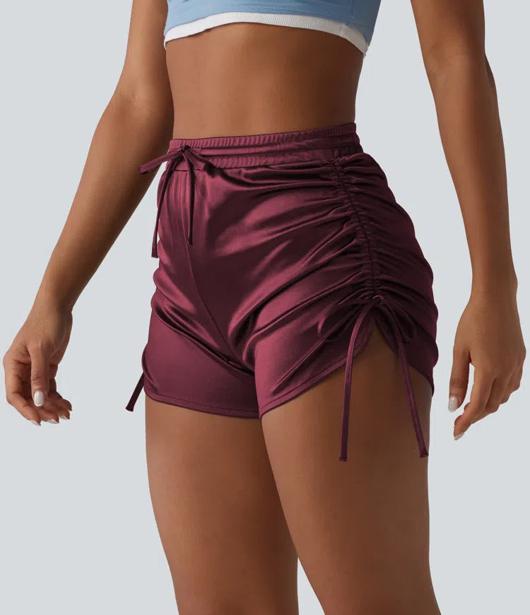 High Waisted Drawstring Ruched Satin Casual Shorts with Pocket