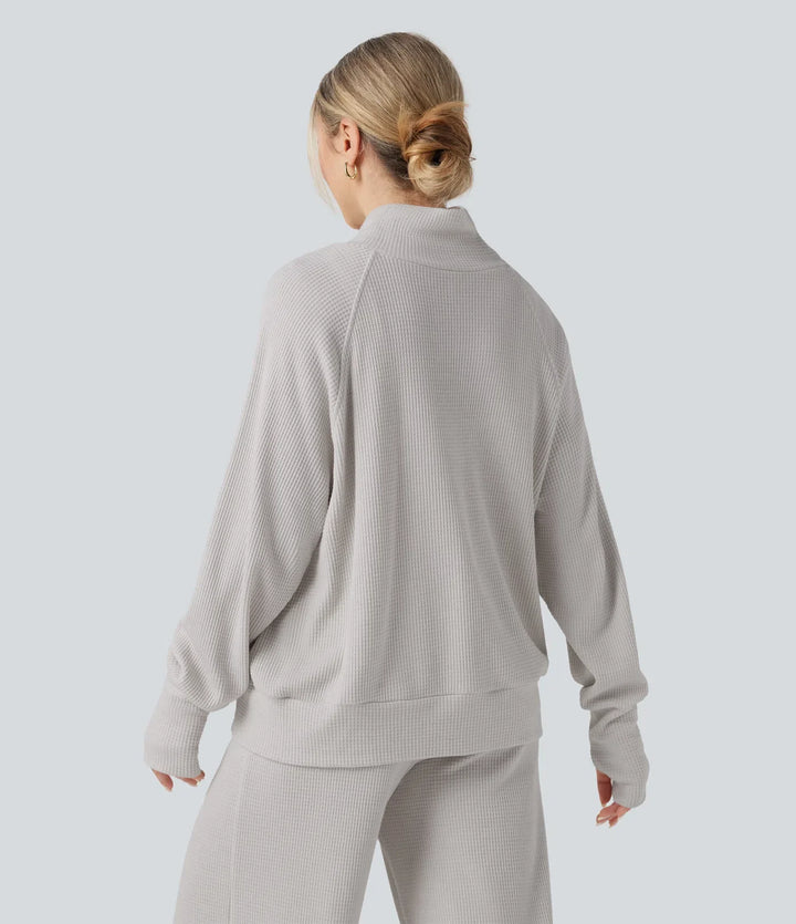 High-neck Long Sleeve Thumb Holes Oversized Waffle Casual Sweatshirt with Pockets
