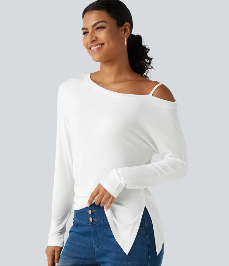Ribbed One Shoulder Long Sleeve Asymmetric Hem Casual T-Shirt