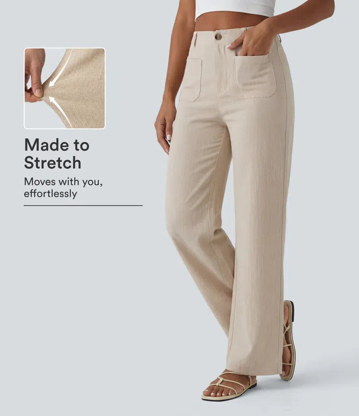 High Waisted Straight Leg Casual Linen-Feel Trousers with Pockets