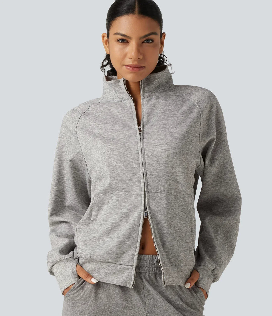 High Neck 2-Way Zipper Long Sleeve Thumb Hole Casual Jacket with Pockets