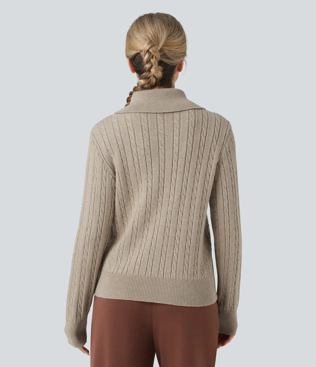 Lapel Long Sleeve Cable Knit Relaxed Fit Work Wool-Blend Jumper