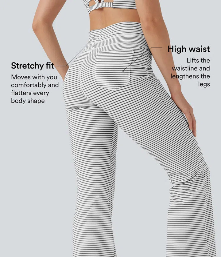 High Waisted Drawstring Stripe Flared Yoga Trousers with Pockets
