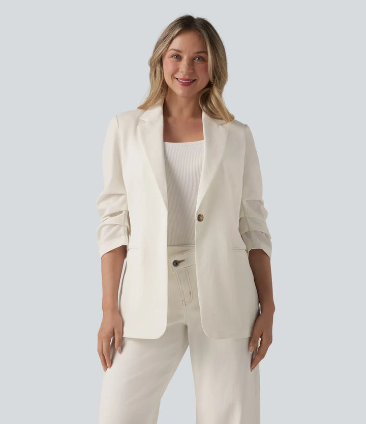 3/4 Sleeve Ruched Linen-Feel Work Blazer with Pockets
