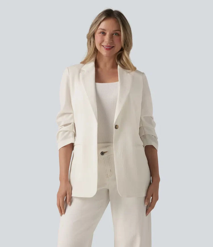 3/4 Sleeve Ruched Linen-Feel Work Blazer with Pockets