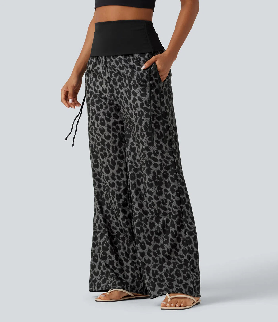 Foldover High Waisted Ruched Drawstring Baggy Leopard Print Casual Trousers with Pockets