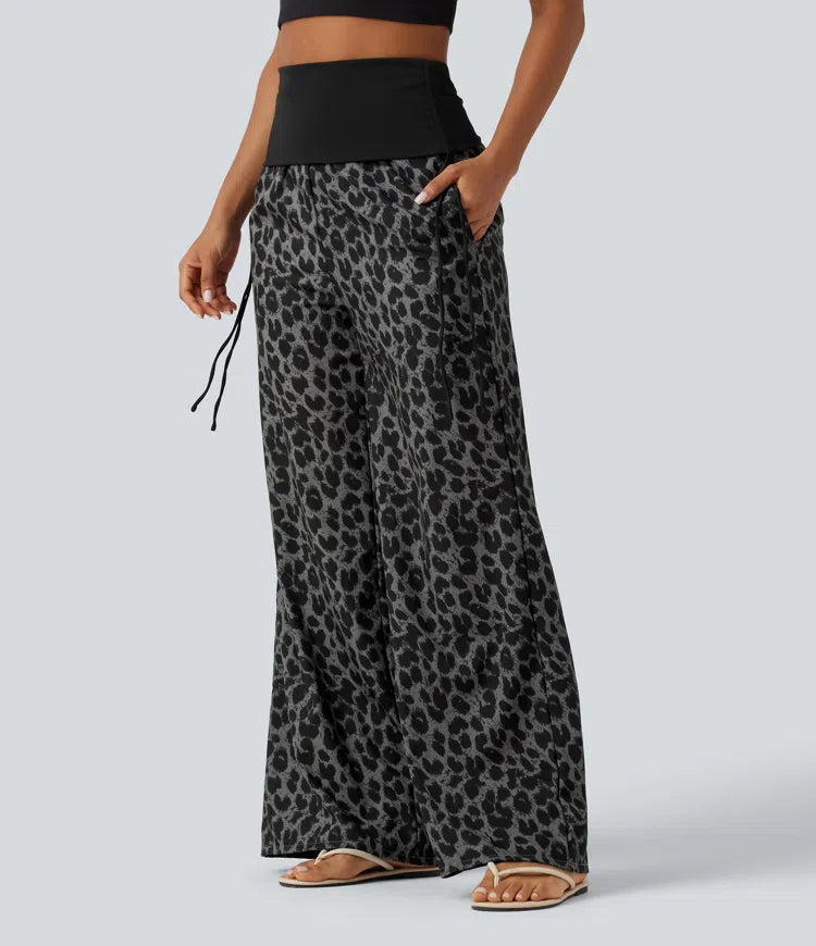 Foldover High Waisted Ruched Drawstring Baggy Leopard Print Casual Trousers with Pockets