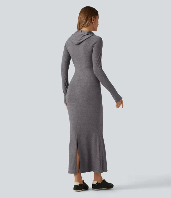 Hooded Long Sleeve Thumb Hole A-Line Maxi Casual Dress with Pocket