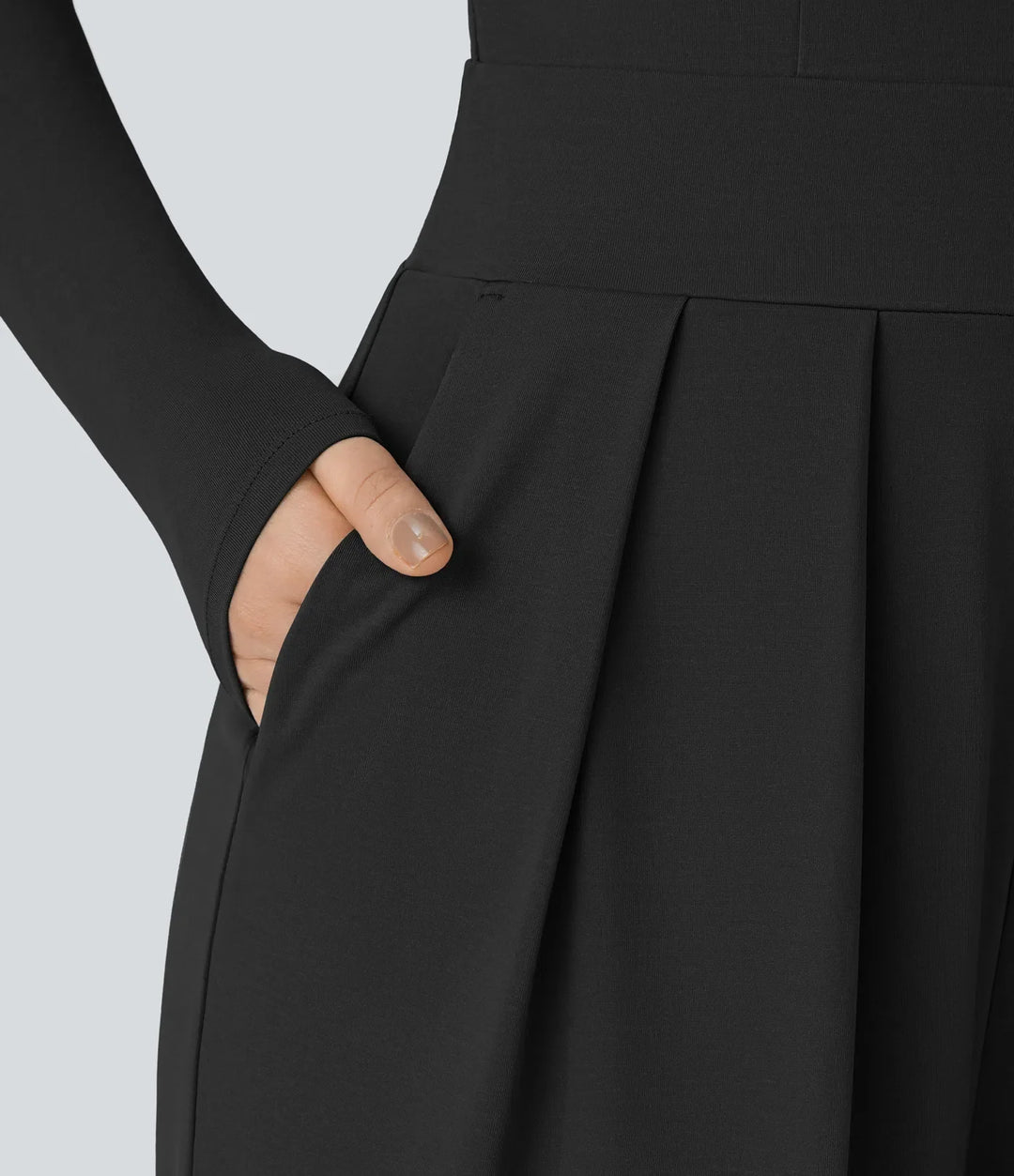V Neck Long Sleeve Pocket Wide Leg Casual Jumpsuit