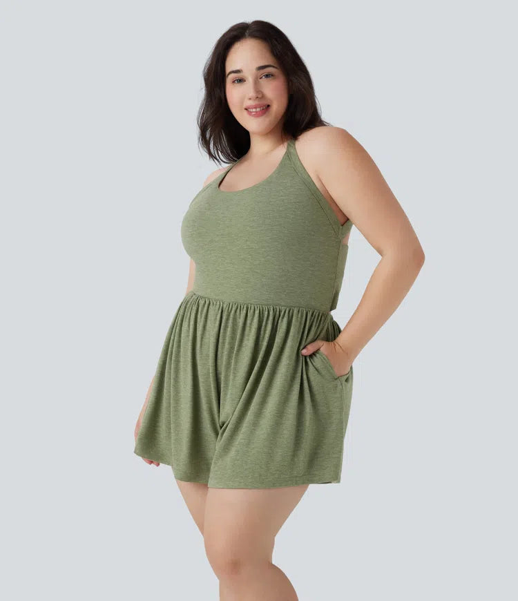 Backless Twisted 2-in-1 Resort Plus Size Playsuit with Pockets-Easy Peezy Edition