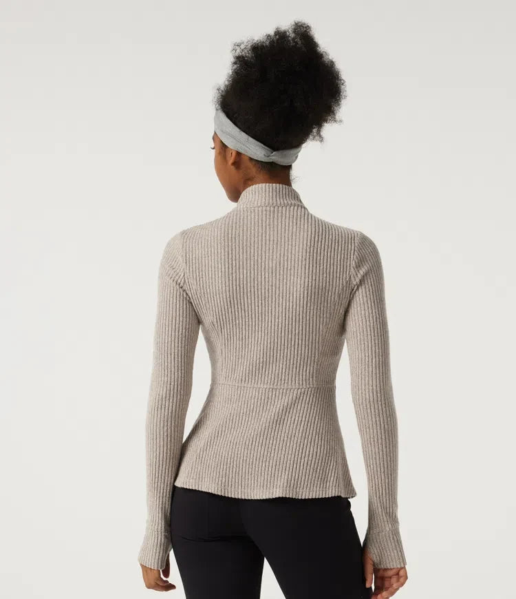 Ribbed Knit Mock Neck Long Sleeve Yoga Track Jacket with Pockets