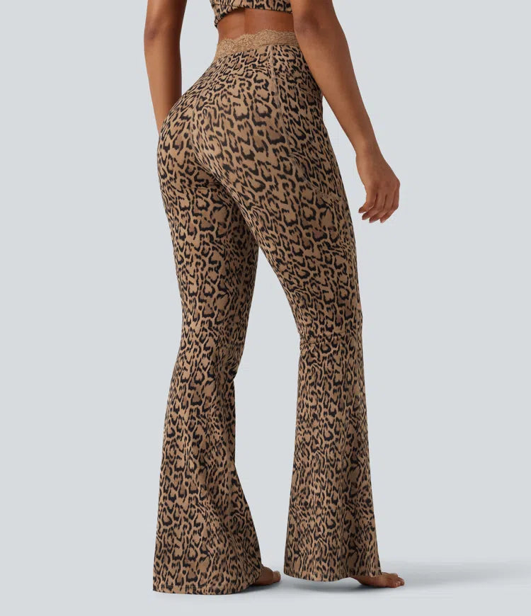 Halara UltraSculpt Leopard Print V-Shaped High Waisted Contrast Lace Yoga Flare Leggings with Pockets