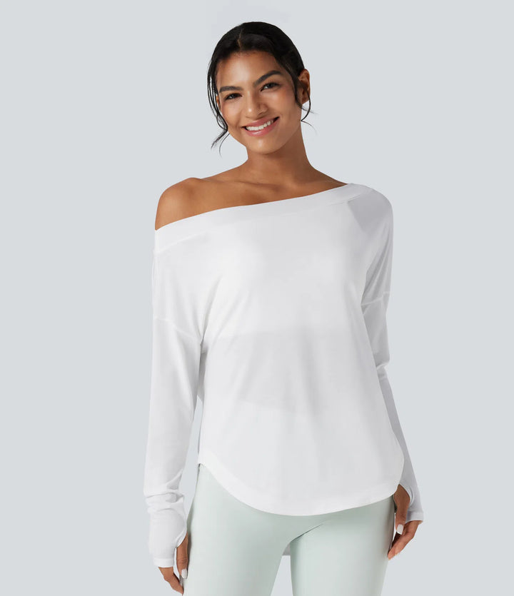 One Shoulder Long Sleeve Thumb Hole Curved Hem High Low Quick Dry Yoga Sports Top-Built-in Bra