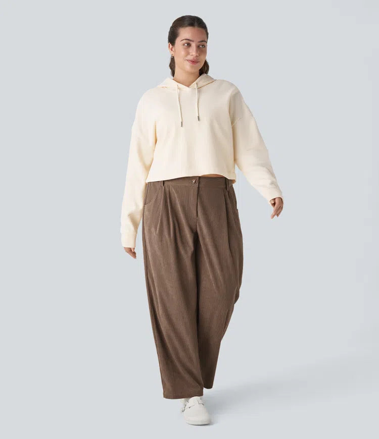 Mid Rise Zipper Pocket Plus Size Corduroy Casual Trousers
