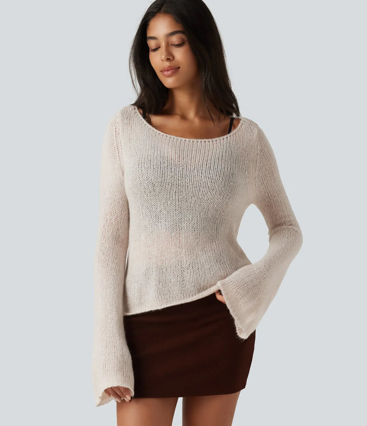 Boat Neck Flounce Long Sleeve Tie Back Casual Wool-Blend Jumper