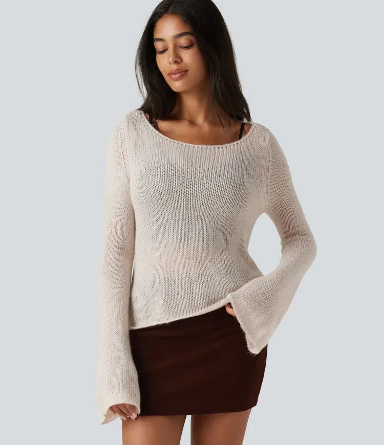 Boat Neck Flounce Long Sleeve Tie Back Casual Wool-Blend Jumper