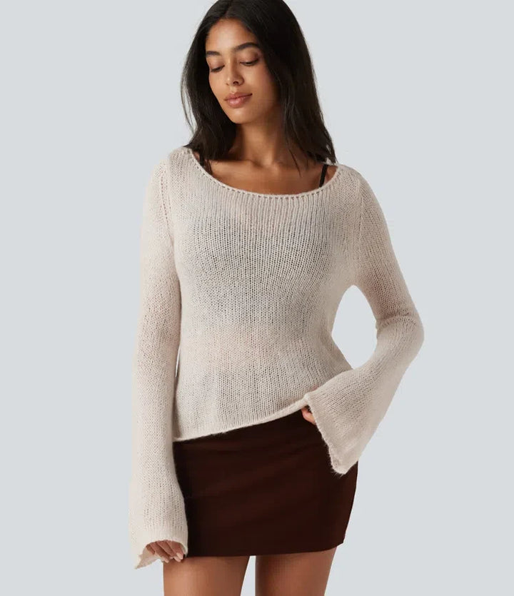 Boat Neck Flounce Long Sleeve Tie Back Casual Wool-Blend Jumper