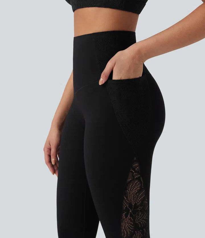 Halara UltraSculpt High Waisted Tummy Control Contrast Lace Shaping Training Leggings with Pockets