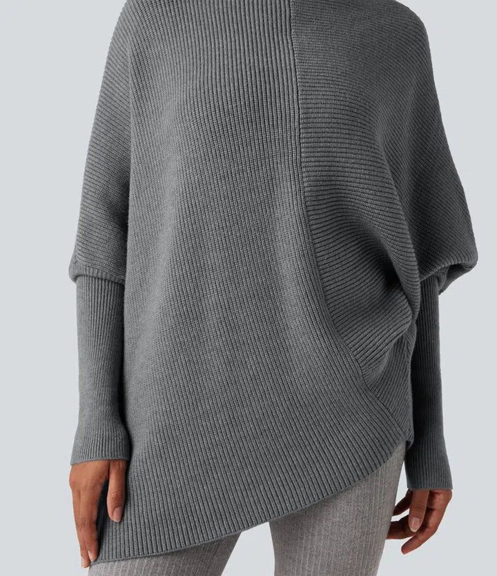 High Neck Batwing Long Sleeve Asymmetric Hem Work Jumper