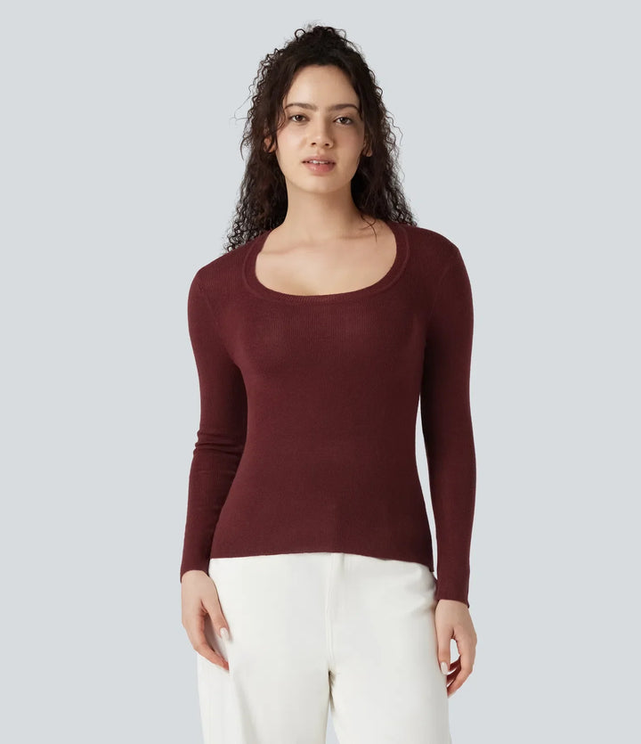 U-Neck Long Sleeve Wool-Blend Casual Jumper