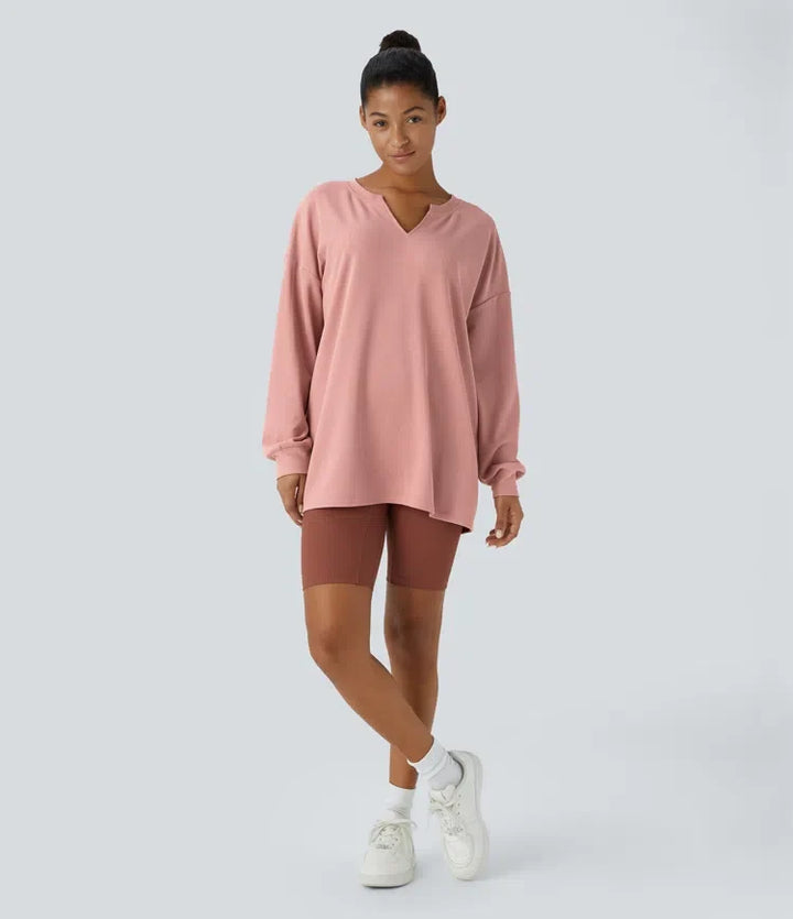 V Neck Dropped Shoulder Relaxed Waffle Casual Sweatshirt