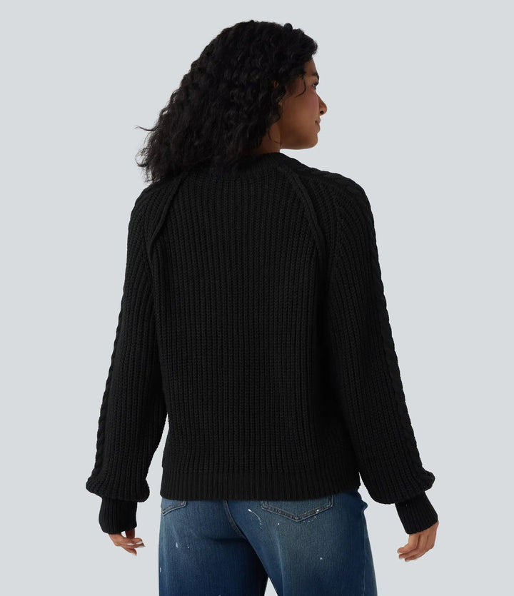Round Neck Raglan Long Sleeve Relaxed Cable Knit Casual Jumper