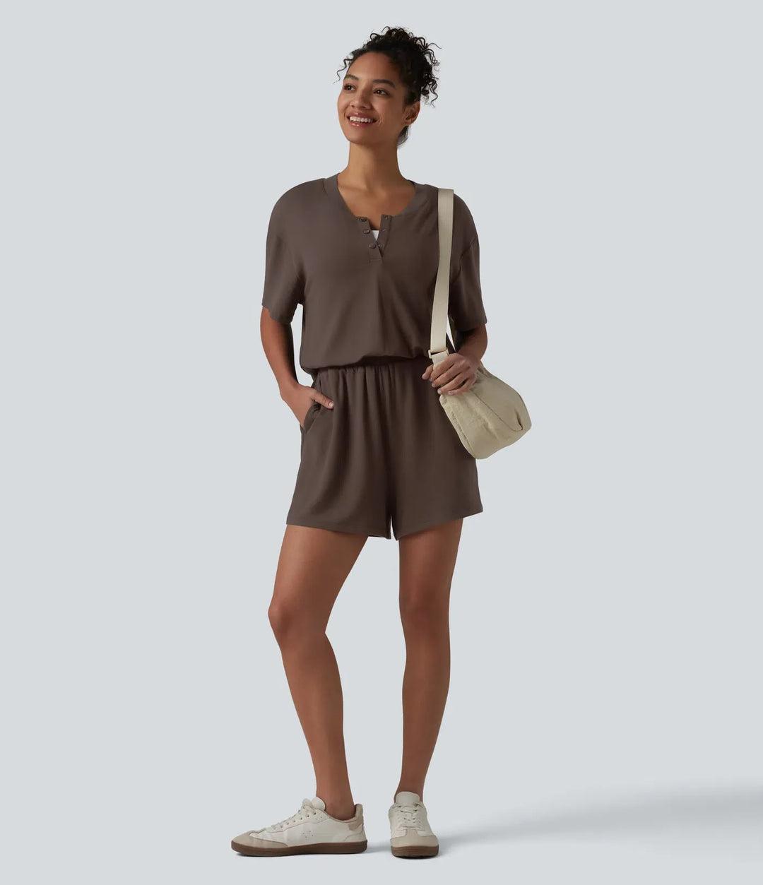 Henley Short Sleeve Casual Romper with Pockets-Easy Peezy