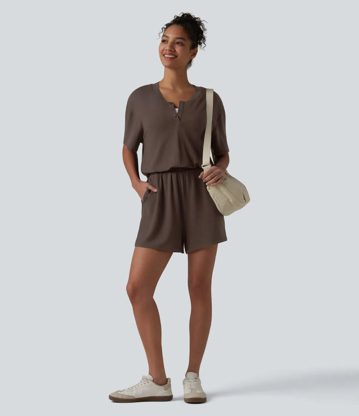 Henley Short Sleeve Casual Romper with Pockets-Easy Peezy