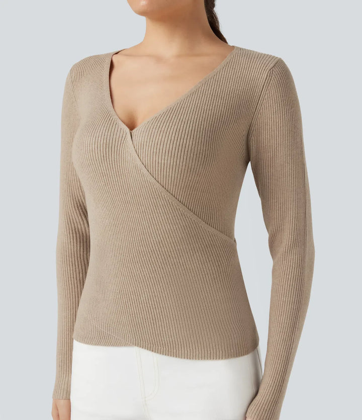 V-neck Long Sleeve Crossover Slim Work Jumper