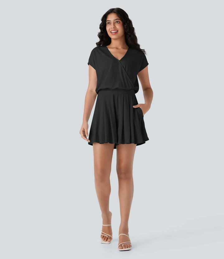 V Neck Short Sleeve Pocket Waffle Casual Romper-Easy Peezy Edition