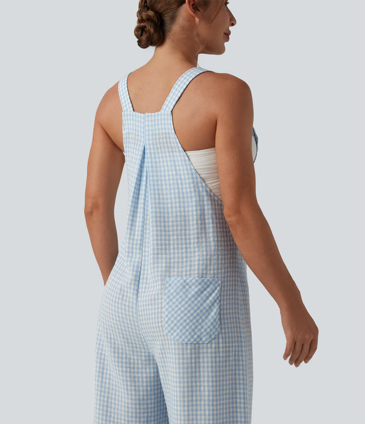 Plaid Casual Linen-Feel Dungarees with Pockets