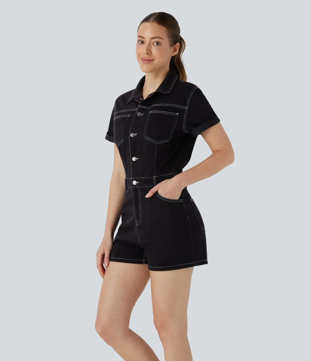 Halara Flex Short Sleeve Washed Denim Casual Utility Romper with Pockets