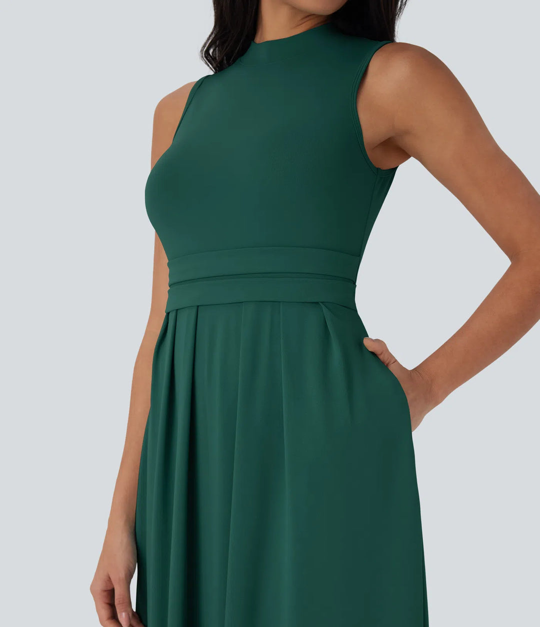 Stand Collar Sleeveless Flare Maxi Casual Dress with Side Pockets