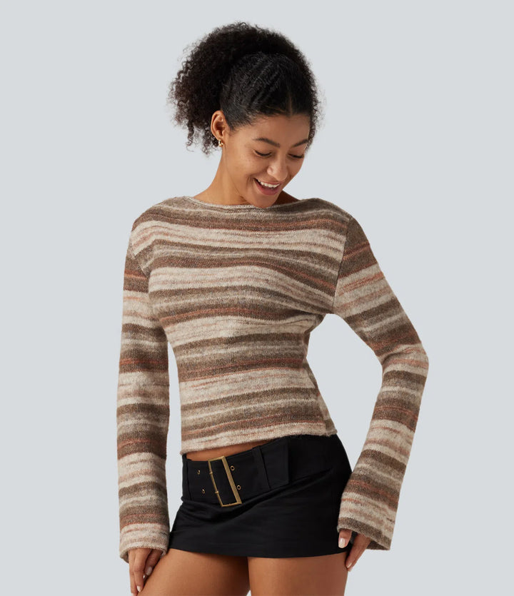 Boat Neck Bell Long Sleeve Gradient Stripe Oversized Casual Jumper