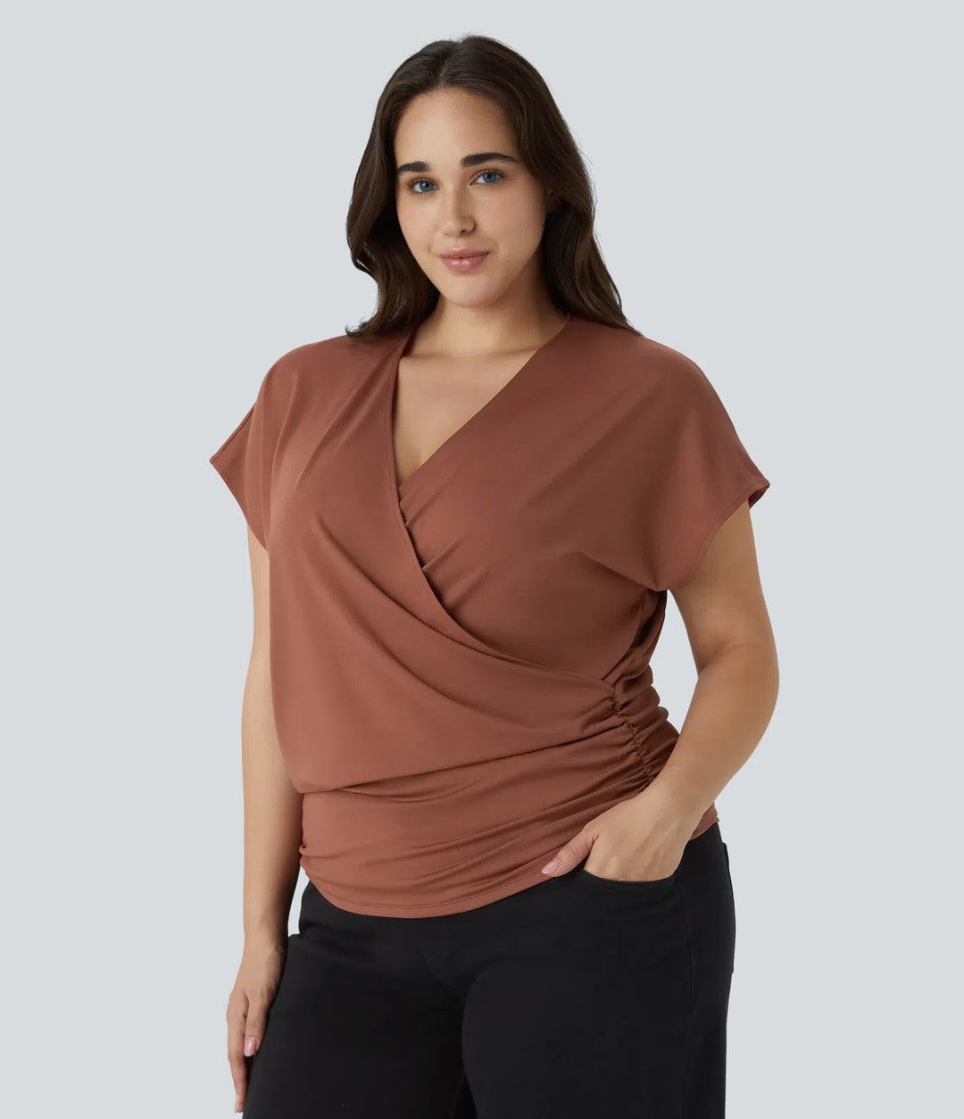 V Neck Cap Sleeve Crossover Ruched Solid Work Plus Size Blouse