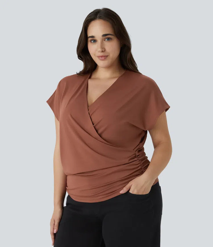 V Neck Cap Sleeve Crossover Ruched Solid Work Plus Size Blouse