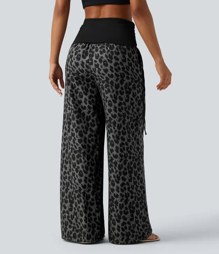 Foldover High Waisted Ruched Drawstring Baggy Leopard Print Casual Trousers with Pockets
