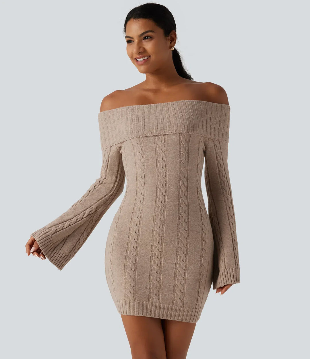 Off Shoulder Bell Long Sleeve Bodycon Mini Casual Jumper Dress