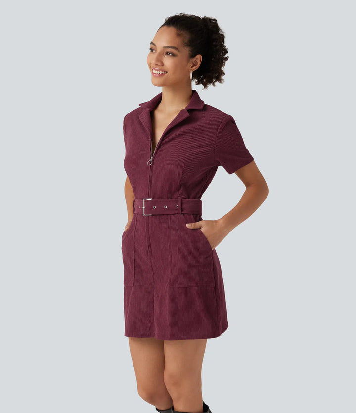 Short Sleeve Belted Corduroy Mini Casual Dress with Pockets