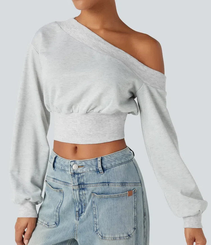 One-shoulder Long Sleeve Cropped Casual Sweatshirt
