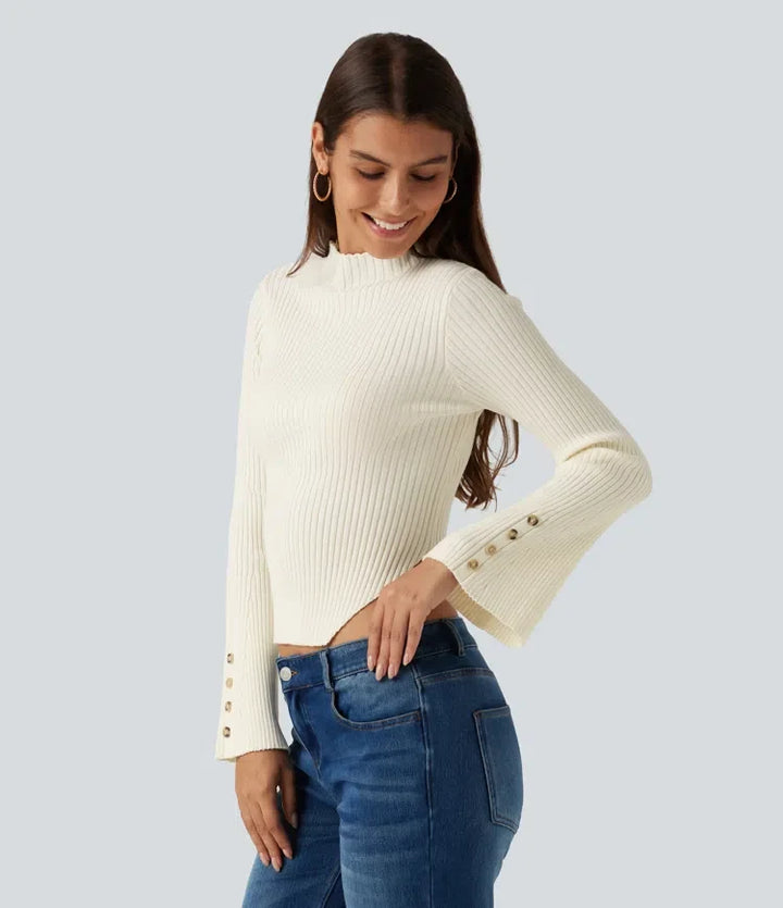 Ribbed Knit Stand Collar Flounce Sleeves Asymmetric Hem Slim Work Jumper