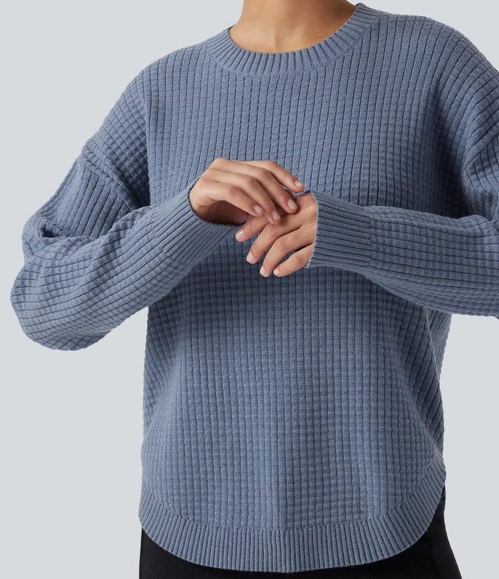 Round Neck Long Sleeve Curved Hem Work Jumper