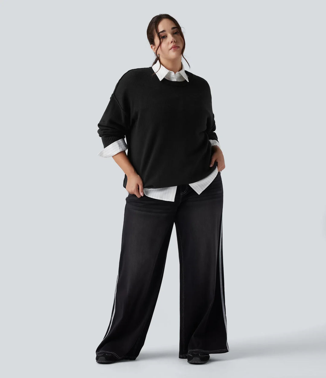 Round Neck Dropped Shoulder Long Sleeve Casual Plus Size Jumper