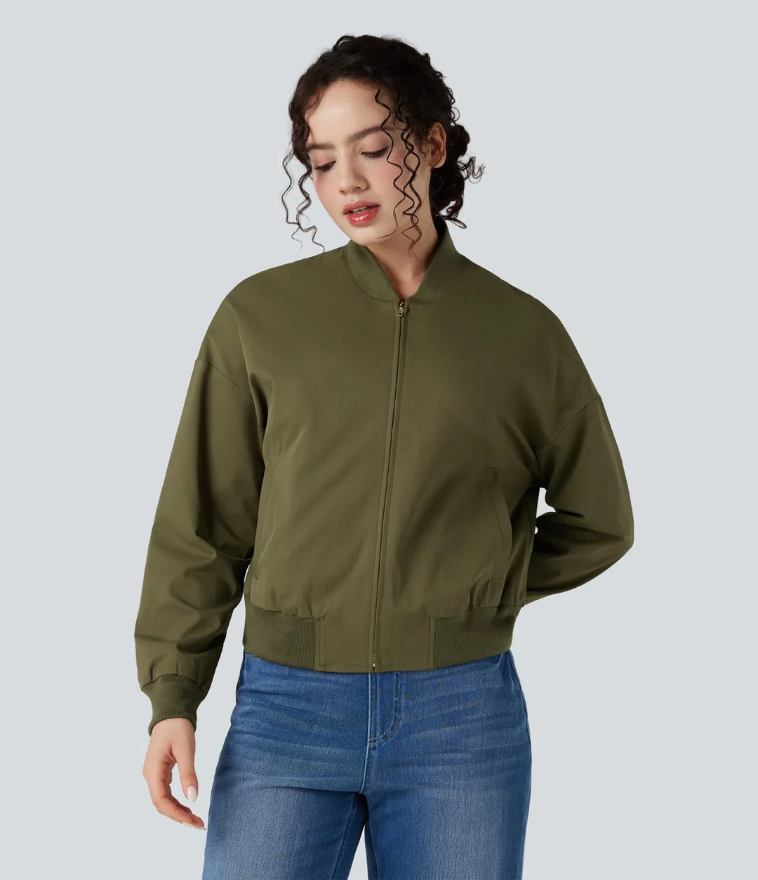 Zipper Fly Relaxed Casual Bomber Jacket with Pockets
