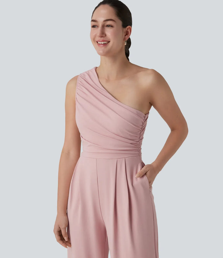One-shoulder Sleeveless Ruched Built-in Bra Casual Jumpsuit with Pockets-Easy Peezy